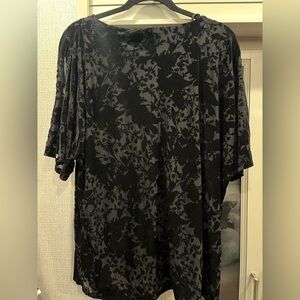 JM Collection Elegant Black Velvet Burnout Floral Blouse Boatneck Top 3/4 Sleeve